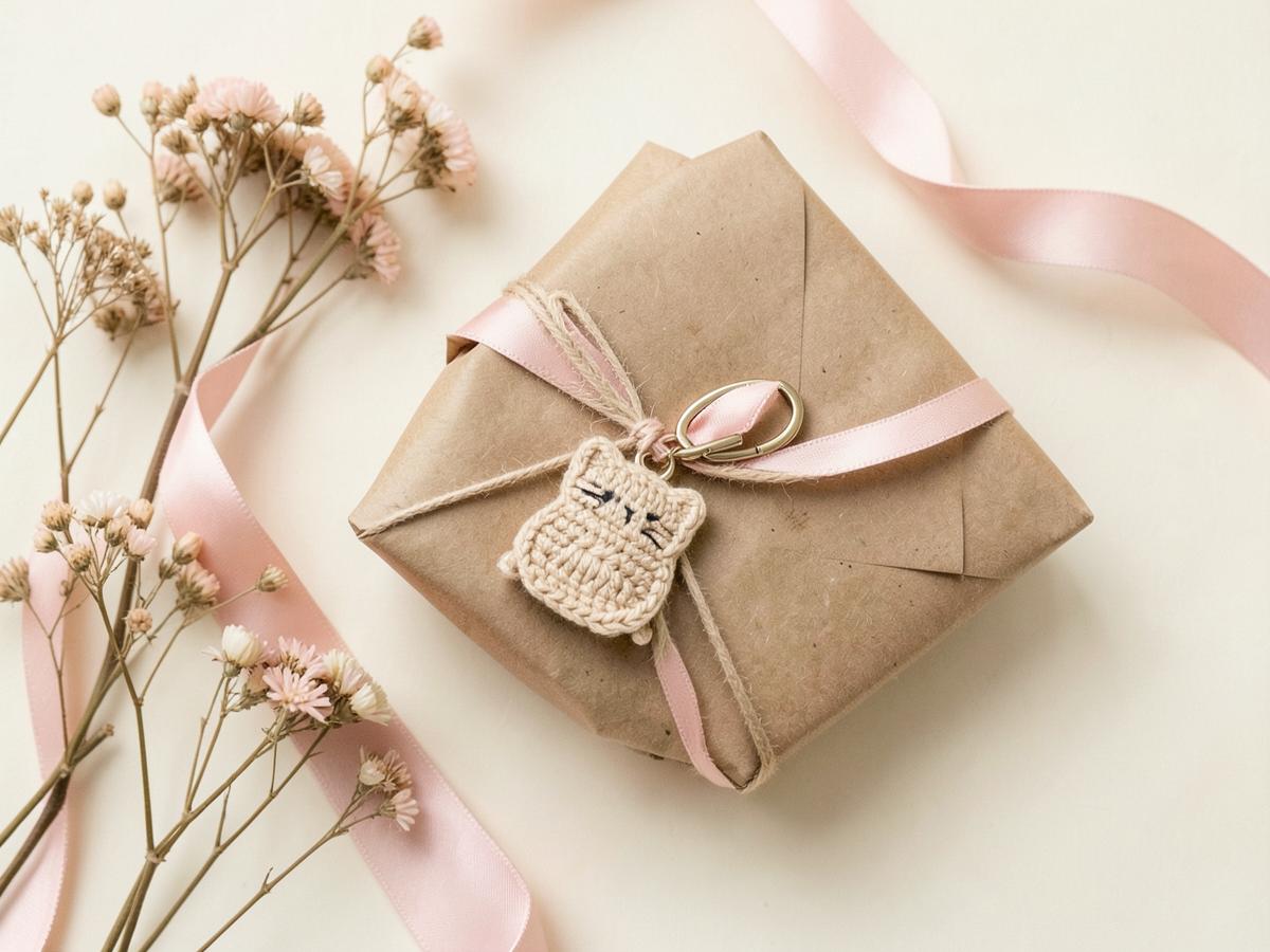 Crochet cat keychain tied to a kraft paper gift box