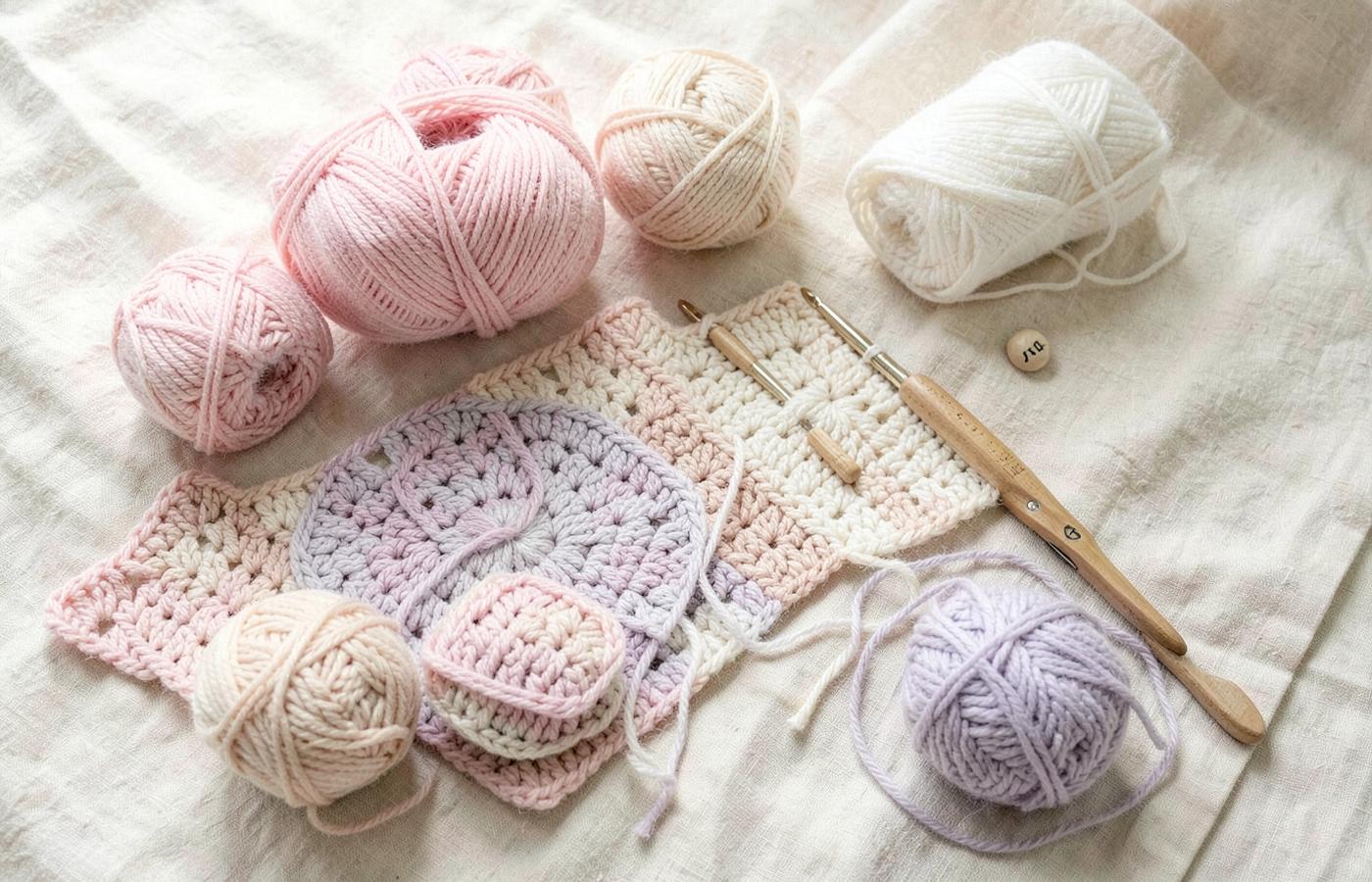Pastel yarn balls and wooden crochet hooks on cream linen